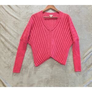 Pilcro Hot Pink V Neck Ribbed Boxy Dolman Sleeve Sweater Size Small Oversized